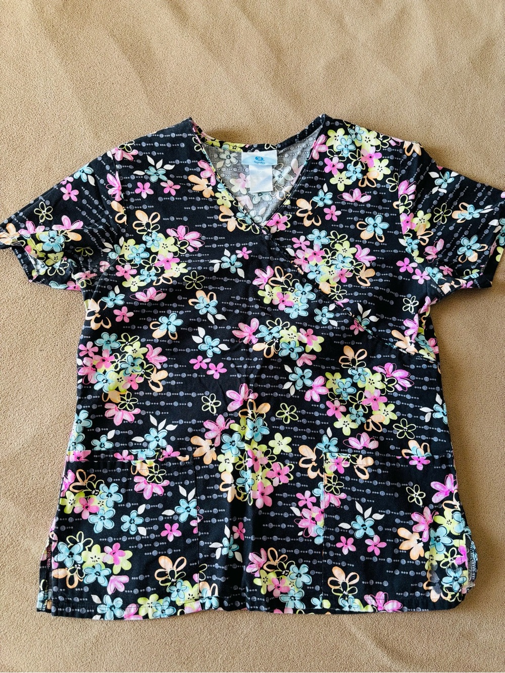 SB Scrubs Black Floral V-Neck Scrub Top with Pastel Flowers